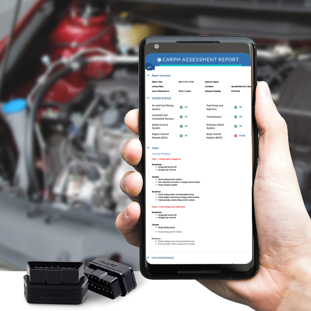GaragePro OBD Scan Tool Standard showing a detailed diagnostic report on a mobile device with a car engine in the background